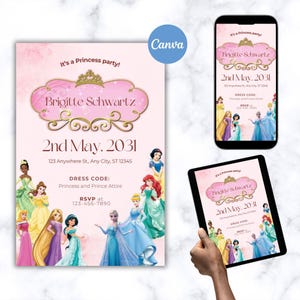 Princess Birthday Invitation Canva Template | Pink Gold Royal Princess Party Invite, Disney Princess Theme | Girl Birthday Editable Any Age.