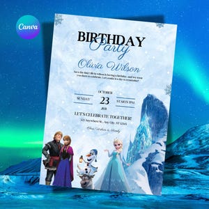 May include: A light blue birthday party invitation featuring the text "BIRTHDAY Party" and "Olivia Wilson". The invitation includes illustrations of characters from a popular animated film, a snowy castle, and the date: October 23, 2031.