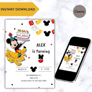 Peut inclure: Une invitation d'anniversaire blanche avec Mickey Mouse tenant un gâteau avec des bougies et Pluto. Le texte dit "ALEX is turning" et comprend la date, l'heure et les informations RSVP. Un smartphone affiche l'invitation.