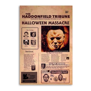 Könnte beinhalten: Ein Poster im Vintage-Stil mit Zeitungsdesign, mit der Schlagzeile "HALLOWEEN MASSACRE". Das Poster enthält Bilder von Opfern, einem Überlebenden und ein Porträt von Michael Myers. Der Text lautet "The Haddonfield Tribune."
