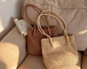 Handmade Straw Shoulder Bag Woven Tote Natural Fiber Summer Gift for Her