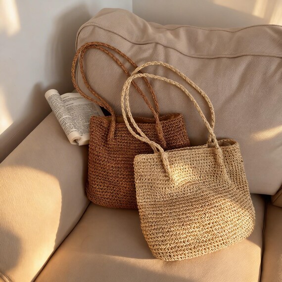 Handmade Straw Shoulder Bag Woven Tote Natural Fiber Summer Gift for Her