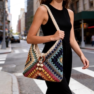 Bolso hobo de ganchillo hecho a mano, bolso de hombro de algodón colorido, bolso tote cuadrado estilo boho de abuela.