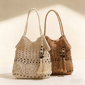 Bolso de hombro de ganchillo con borlas de cuentas de madera hecho a mano, bolso bohemio de algodón