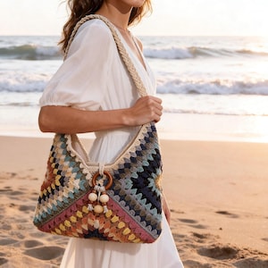 Borsa a tracolla in stile boho all'uncinetto, borsa hobo estiva da spiaggia, borsetta intrecciata fatta a mano per donna