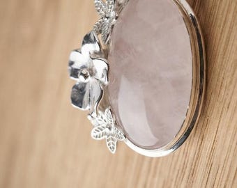 Handmade Sterling Silver Rose Quartz Floral Pendant, Oval Gemstone Botanical Charm