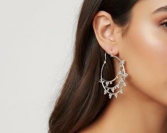 スターリングシルバーのボヘミアンフープイヤリング、トライバルビーズダングルフープ、エスニックステートメントイヤリング、ジプシーフェスティバルジュエリーギフト（彼女への贈り物）