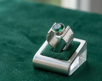 Green Tourmaline Statement Ring, Sterling Silver Wide Band Ring, Round Bezel Set Tourmaline Ring, Handmade October Birthstone Gift