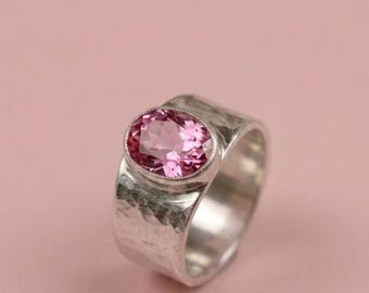 Handmade Sterling Silver Oval Pink Topaz Statement Ring, Wide Band Artisan Jewelry
