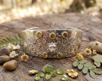 Sterling Silver Lion Cuff Bracelet with Citrine Gemstones – Floral Engraved Boho Statement Jewelry