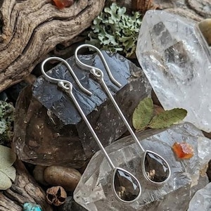 Smoky Quartz Teardrop Earrings, Sterling Silver Dangle, Minimalist Boho Jewelry