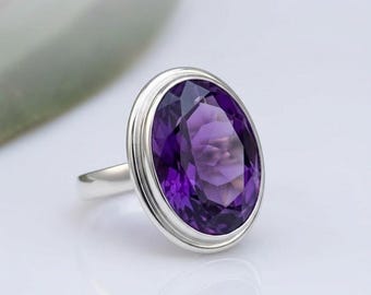 Amethyst Oval Ring, Sterling Silver Bezel Set, February Birthstone Statement Jewelry