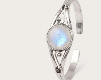 Rainbow Moonstone Cuff Bracelet, Handmade Silver Cuff Bangle, Adjustable Moonstone Bracelet, Boho Gemstone Jewelry, Gift for Her