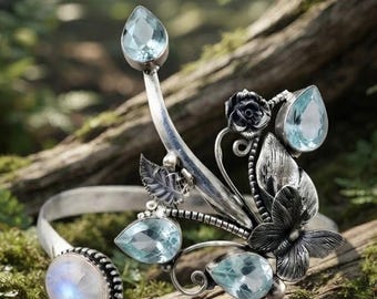 Handmade Sterling Silver Aquamarine Moonstone Floral Cuff Bracelet