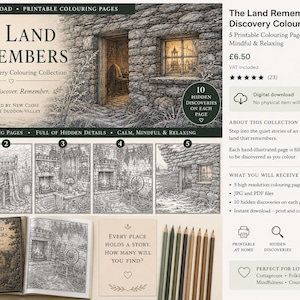 Op de afbeelding: Een digitale download van The Land Remembers, een kleurboekcollectie met verborgen ontdekkingen bestaande uit vijf printbare pagina's. De set bevat gedetailleerde zwart-witillustraties van stenen huisjes, interieurs en landschappen.