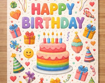 Colorful Happy Birthday Poster Carpet Design with Cake and Balloons