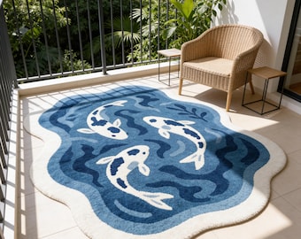 Hand Tufted Koi Fish Rug - Organic Shape Wavy Rug - Blue and White Koi Pond Carpet for Living Room, Bedroom & Kids Room