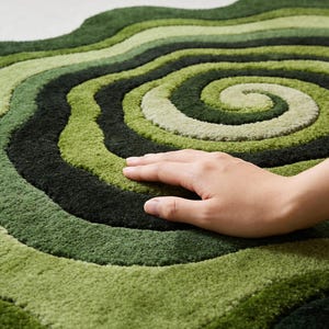 Hand Tufted Organic Green Area Rugs Shaped Mid Century Modern Abstract Swirl Wool Carpet Sculpted Wavy Living Room Rug image 2
