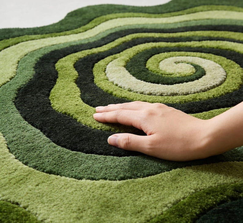 Hand Tufted Organic Green Area Rugs Shaped Mid Century Modern Abstract Swirl Wool Carpet Sculpted Wavy Living Room Rug image 2