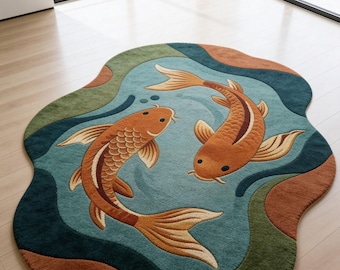 Hand Tufted Koi Fish Rug Organic Shape Wool Carpet Teal Moss Green Pond Design Zen Coastal Statement Area Rug Decor