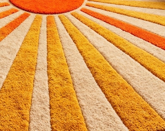 Mid Century Sunburst Retro Hand Tufted Wool Rugs, Warm Cream Abstract Area Carpet, Sun Boho Geometric Rug for Living Room Floor Decor