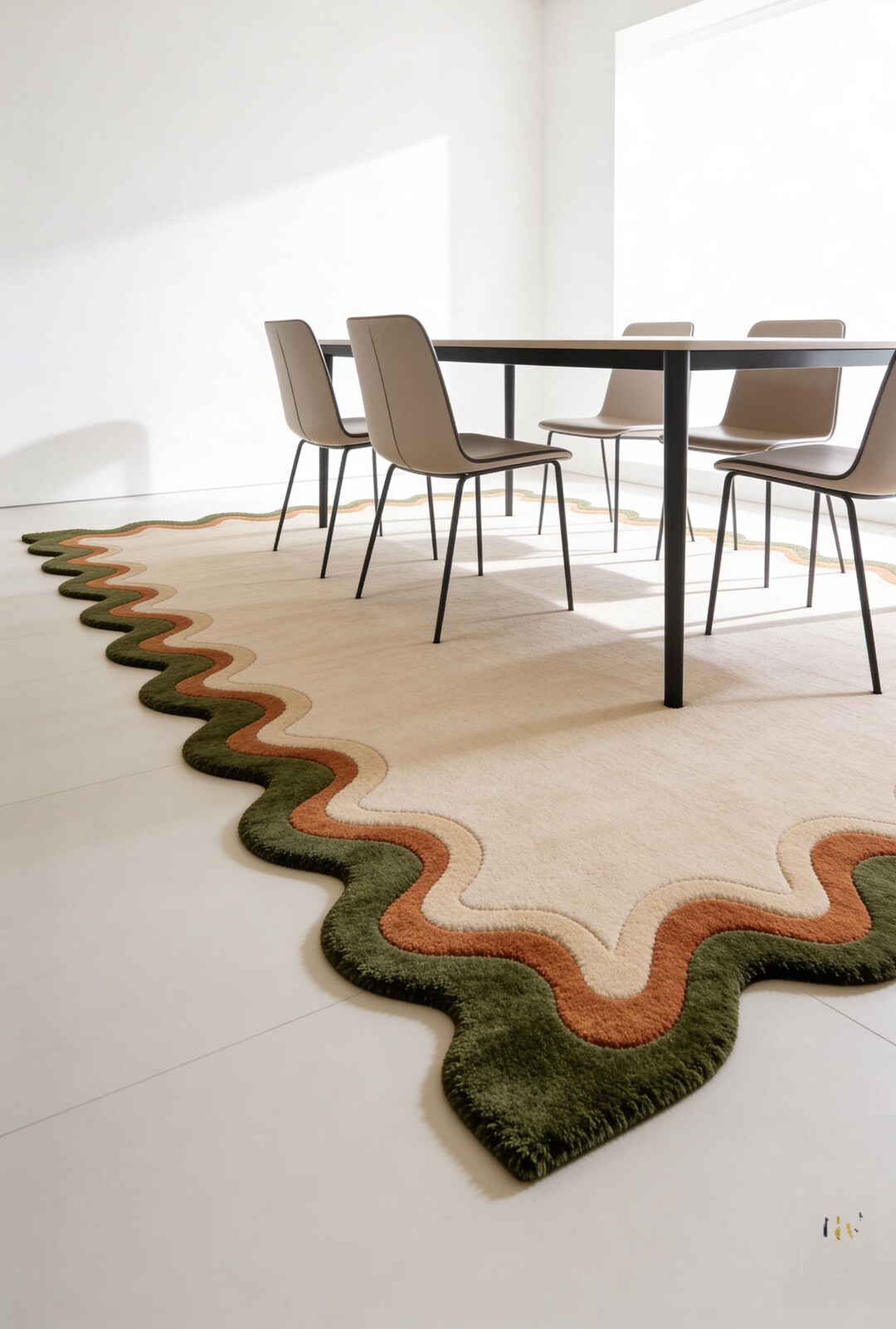 Wavy Long Rug Luxury Hand Tufted Wool Rug – Modern Wavy Edge Moss & Terracotta Area ...
