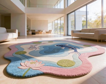 Hand Tufted Koi Fish Pond Rug - Aesthetic Lotus Flower & Lily Pad Wool Carpet - Irregular Wavy Shape Rug for Living Room and Bedroom
