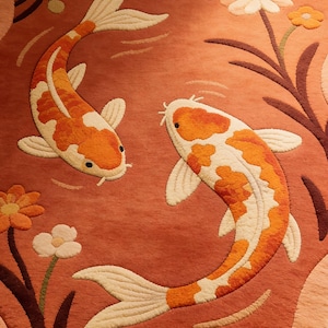 Hand Tufted Koi Fish Rug, Rust Red Organic Shape Wool Carpet, Floral Pond Design Statement Area Rug for Living Room Decor image 7