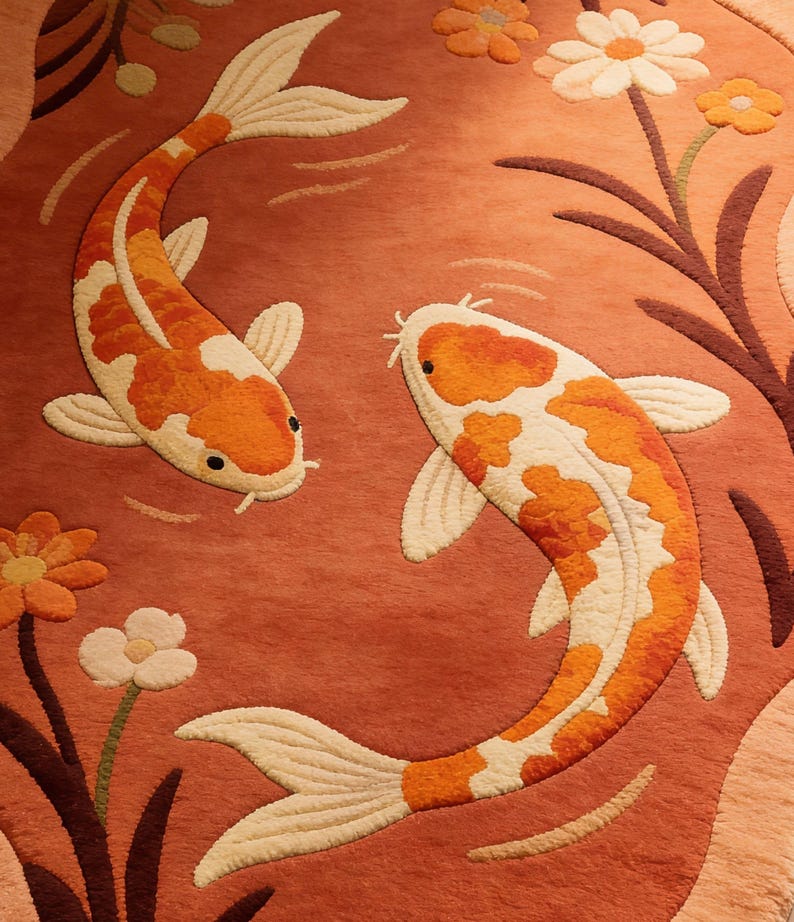 Hand Tufted Koi Fish Rug, Rust Red Organic Shape Wool Carpet, Floral Pond Design Statement Area Rug for Living Room Decor image 7