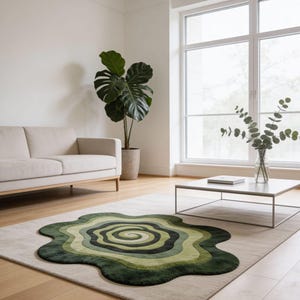 Hand Tufted Organic Green Area Rugs Shaped Mid Century Modern Abstract Swirl Wool Carpet Sculpted Wavy Living Room Rug image 4