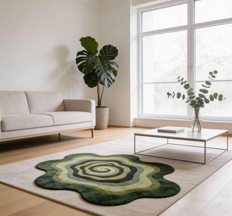 Hand Tufted Organic Green Area Rugs Shaped Mid Century Modern Abstract Swirl Wool Carpet Sculpted Wavy Living Room Rug image 4