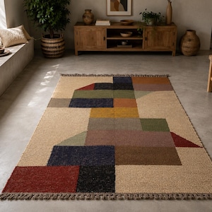 Indian Kilim Dhurrie Rug, Handwoven Wool and Jute Area Rug, Traditional Geometric Carpet, Hallway Runner, Custom Size