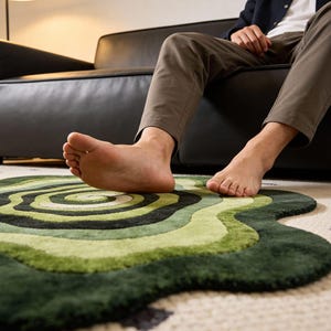 Hand Tufted Organic Green Area Rugs Shaped Mid Century Modern Abstract Swirl Wool Carpet Sculpted Wavy Living Room Rug image 3
