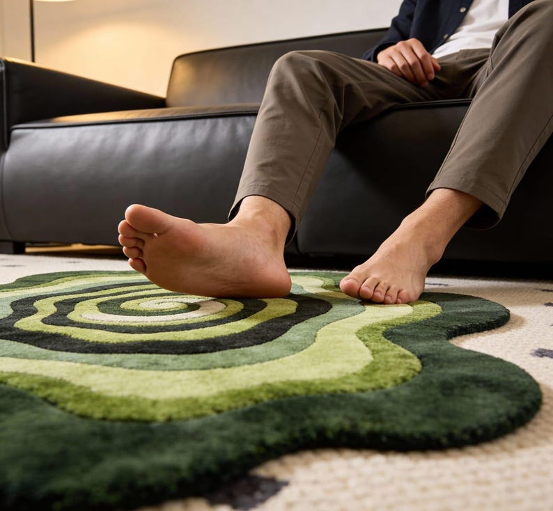 Hand Tufted Organic Green Area Rugs Shaped Mid Century Modern Abstract Swirl Wool Carpet Sculpted Wavy Living Room Rug image 3