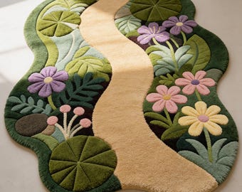 Botanical Garden Path Wool Rug, Hand-Tufted Organic Shape Wavy Carpet, Floral Lily Pad 3D Textured Area Rug for Kids Nursery & Living Room