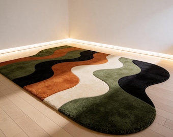 Organic Abstract Area Rugs, Irregular Wavy Design, Green Rust Cream Modern Floor Rug