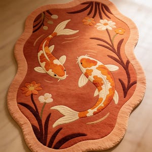 Hand Tufted Koi Fish Rug, Rust Red Organic Shape Wool Carpet, Floral Pond Design Statement Area Rug for Living Room Decor image 1
