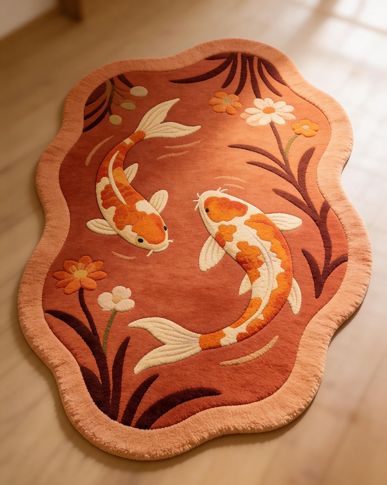 Hand Tufted Koi Fish Rug, Rust Red Organic Shape Wool Carpet, Floral Pond Design Statement Area Rug for Living Room Decor image 1