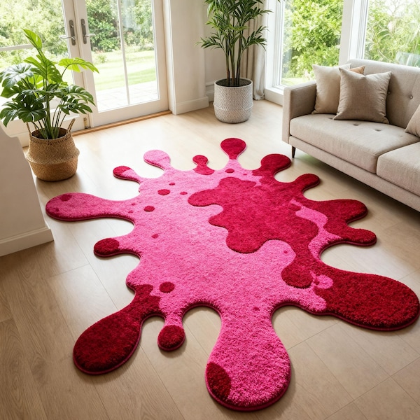 Handmade Pink Splatter Rugs, Abstract Blob Shaped Carpet, Funky Pop Art Decor, Unique Plush Tufted Floor Mat, Vibrant Art Area Rug Gift for