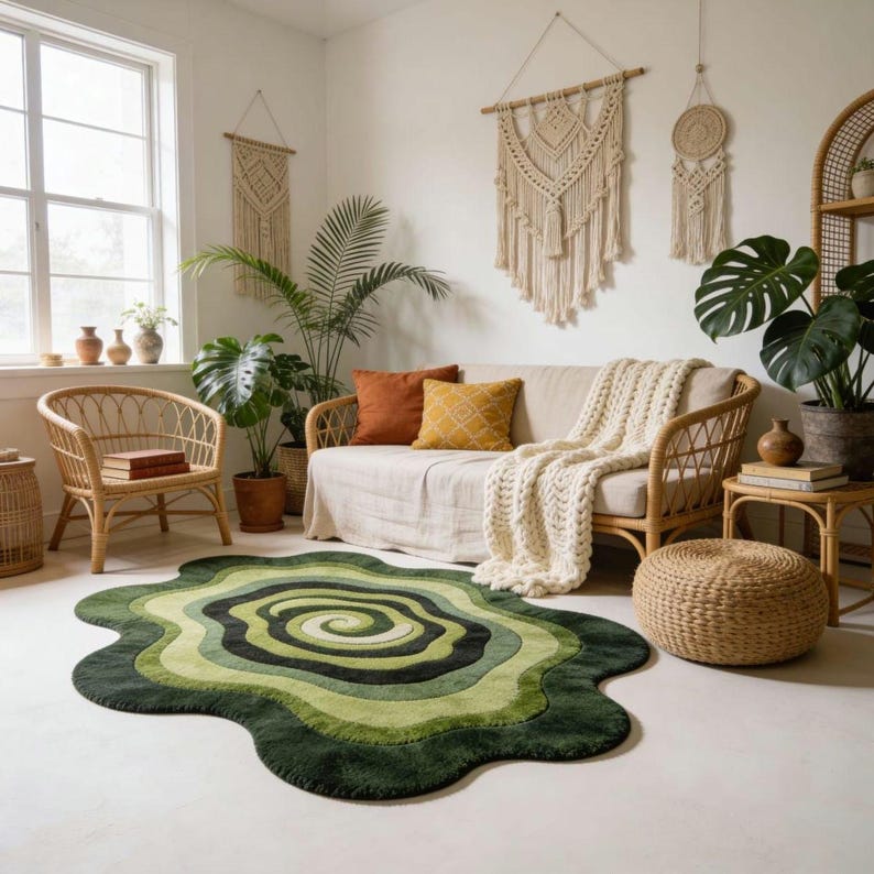 Hand Tufted Organic Green Area Rugs Shaped Mid Century Modern Abstract Swirl Wool Carpet Sculpted Wavy Living Room Rug image 1