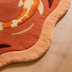 Hand Tufted Koi Fish Rug, Rust Red Organic Shape Wool Carpet, Floral Pond Design Statement Area Rug for Living Room Decor image 3
