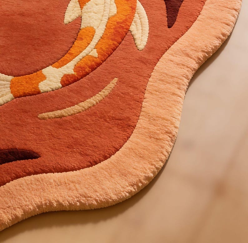 Hand Tufted Koi Fish Rug, Rust Red Organic Shape Wool Carpet, Floral Pond Design Statement Area Rug for Living Room Decor image 3