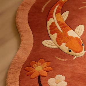 Hand Tufted Koi Fish Rug, Rust Red Organic Shape Wool Carpet, Floral Pond Design Statement Area Rug for Living Room Decor image 5