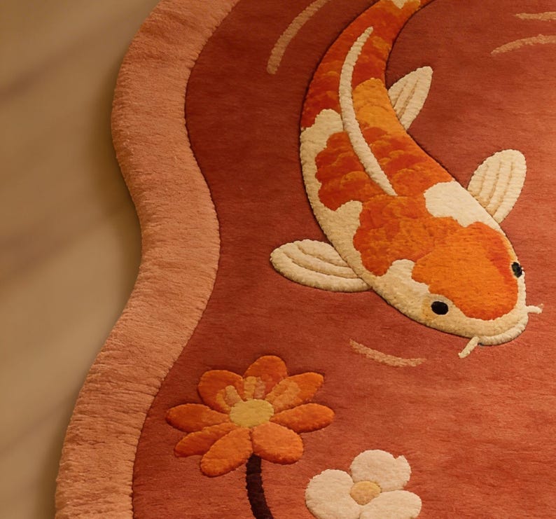 Hand Tufted Koi Fish Rug, Rust Red Organic Shape Wool Carpet, Floral Pond Design Statement Area Rug for Living Room Decor image 5