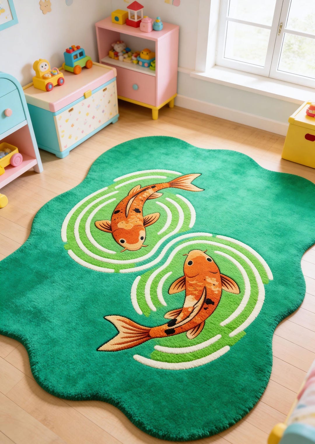 Kids Koi Pond Rug, Organic Shape Green Area Rug, Fish Ripple Nursery ...