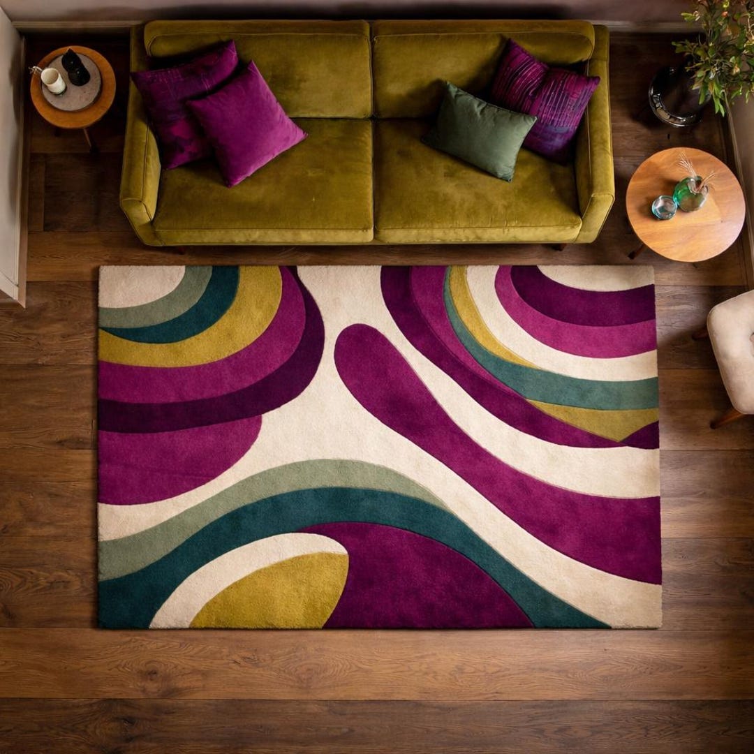 Hand Tufted Abstract Area Rug: Olive Green and Plum Retro Swirl Rug ...