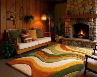 Large Wavy Area Rugs — Retro Boho Shag Tufted Rug, Mid-Century Modern Living Room Carpet, Orange Green Cream Abstract Accent Rug