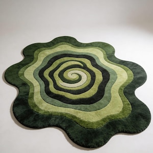 Hand Tufted Organic Green Area Rugs Shaped Mid Century Modern Abstract Swirl Wool Carpet Sculpted Wavy Living Room Rug image 5