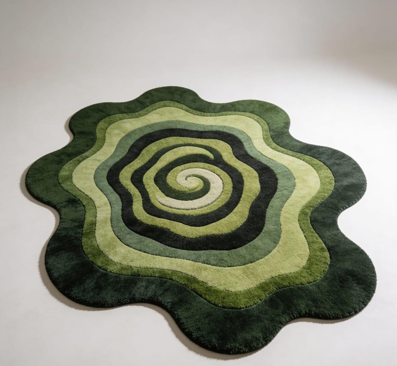 Hand Tufted Organic Green Area Rugs Shaped Mid Century Modern Abstract Swirl Wool Carpet Sculpted Wavy Living Room Rug image 5