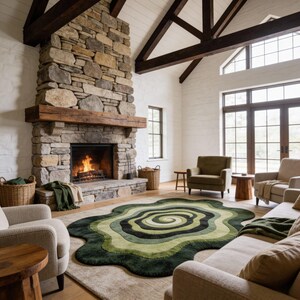 Hand Tufted Organic Green Area Rugs Shaped Mid Century Modern Abstract Swirl Wool Carpet Sculpted Wavy Living Room Rug image 7